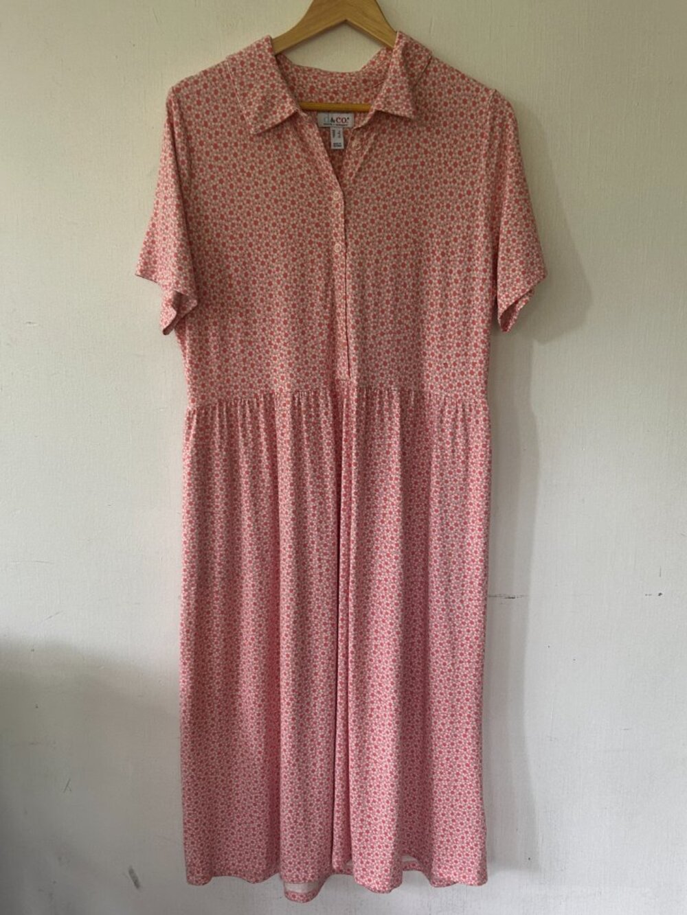 d&co Collared Maxi Dress Womens Large Pink Floral Short Sleeve Cottage Prairie